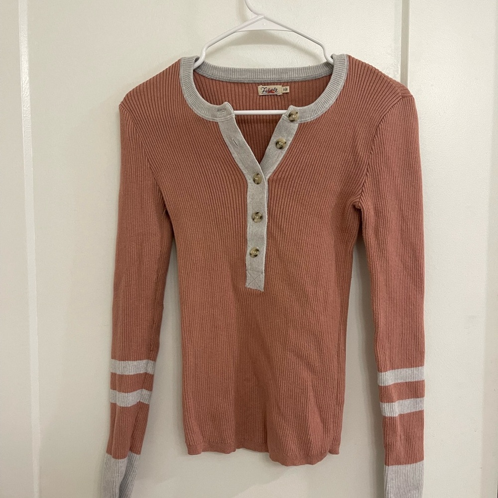 Faherty Cashmere Cotton Dusty Rose Ribbed Henley Cream Trim Classic